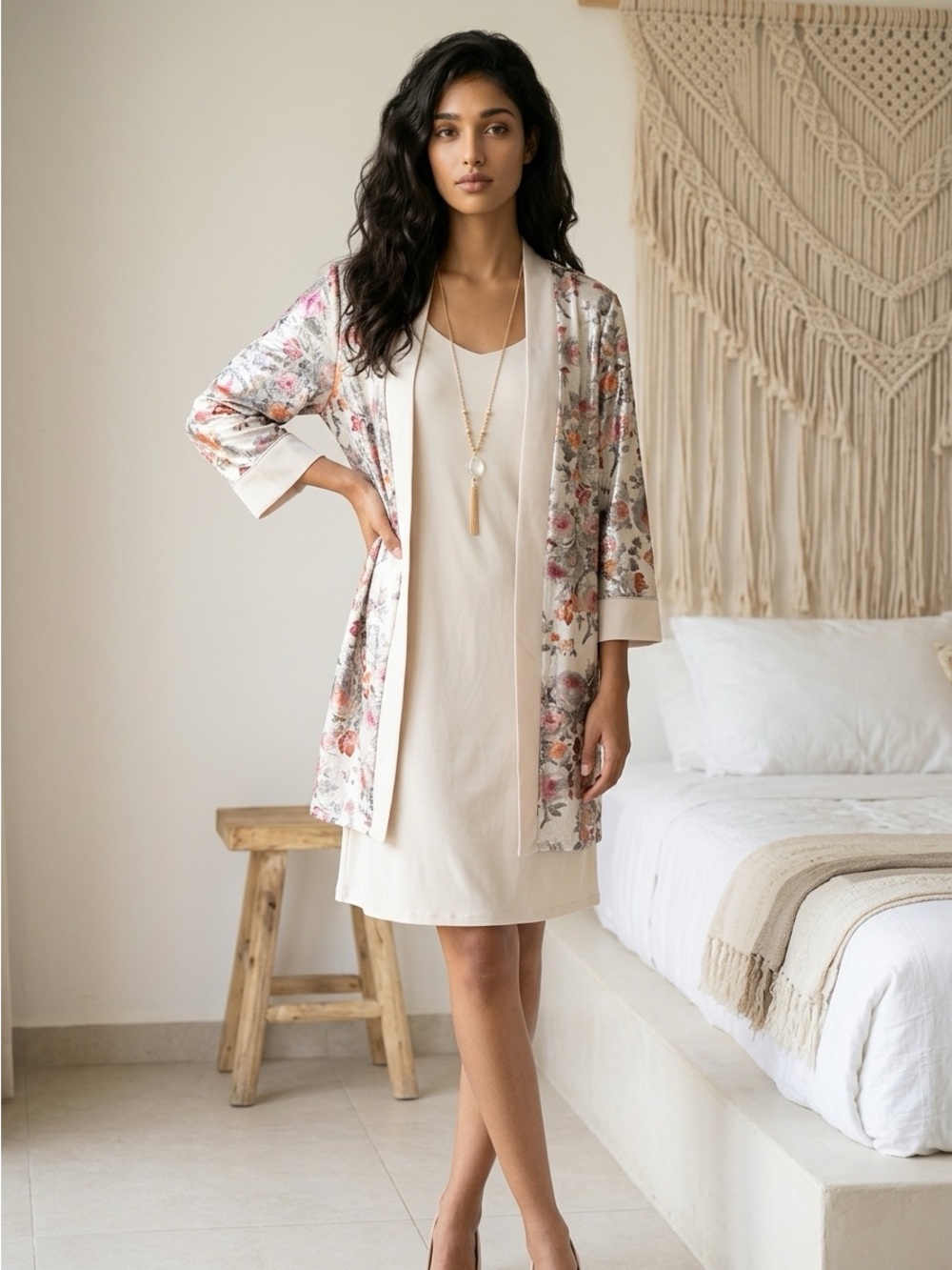 R&M Richards Cream Satin Slip Dress with Floral Jacket